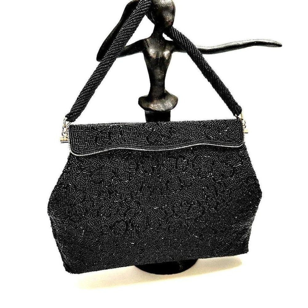 Voguemont Vintage Black Beaded Evening Handbag Made in Hong Kong Gold